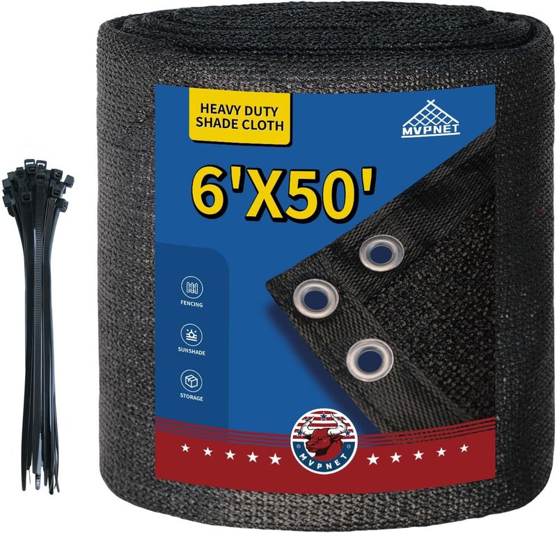 MVPNET 6x50Ft Garden Privacy Fence Screen, 145GSM Heavy Duty 90% Blockage Windbreak Mesh Tarp with Reinforced Edges & Anti-Rust Grommets, Includes Zip Ties for Garden, Yard, Backyard, Outdoor, Black - Image 1